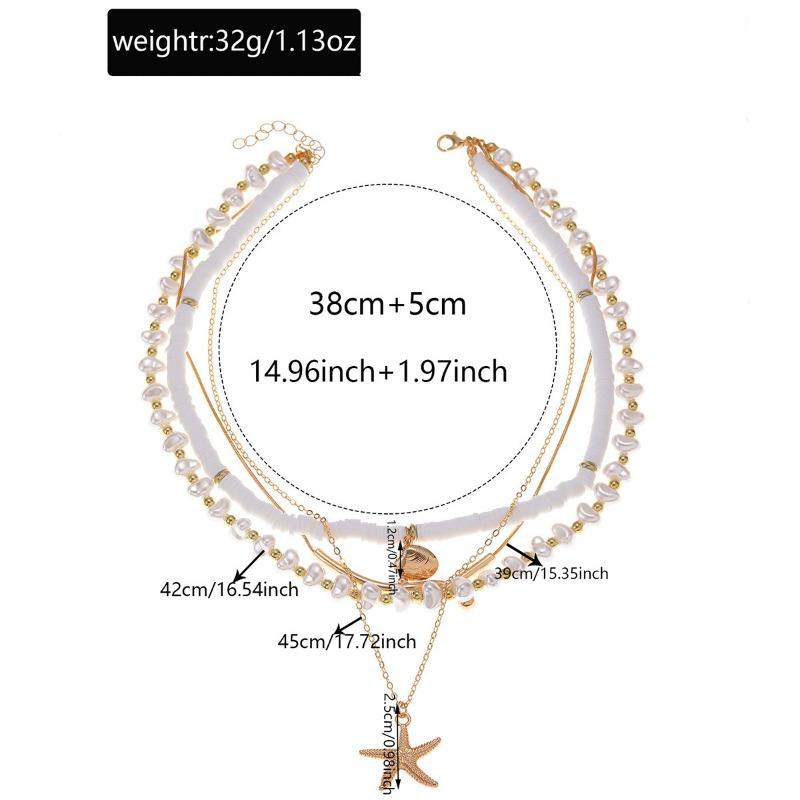 Summer beach soft pottery imitation pearl beaded necklace niche irregular multi-layer stacked starfish neck chain