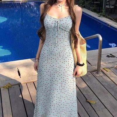 Elegant Blue Polka Dot Spaghetti Strap Slim Fit Beach Dress for Women - French Summer Style 2026