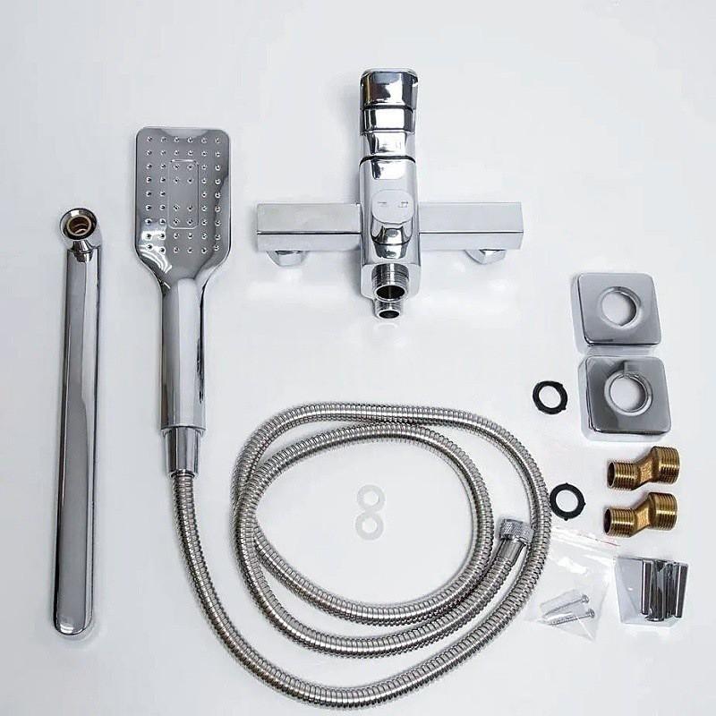 Wall-Mounted Bathtub Shower Faucet Set With Extended Hose Dual Handle Mixer Tap Modern Chrome Finish