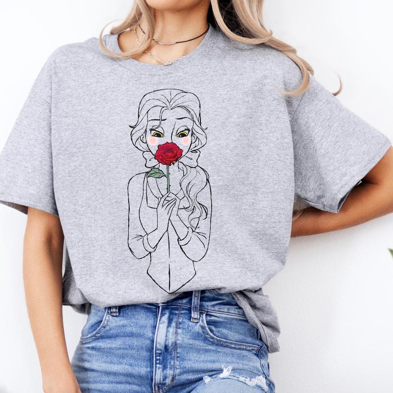 2026 Beauty and The Beast Beauty and Rose Print Stylish Unisex TShirt Short Sleeve Relaxed Plus Size Top S