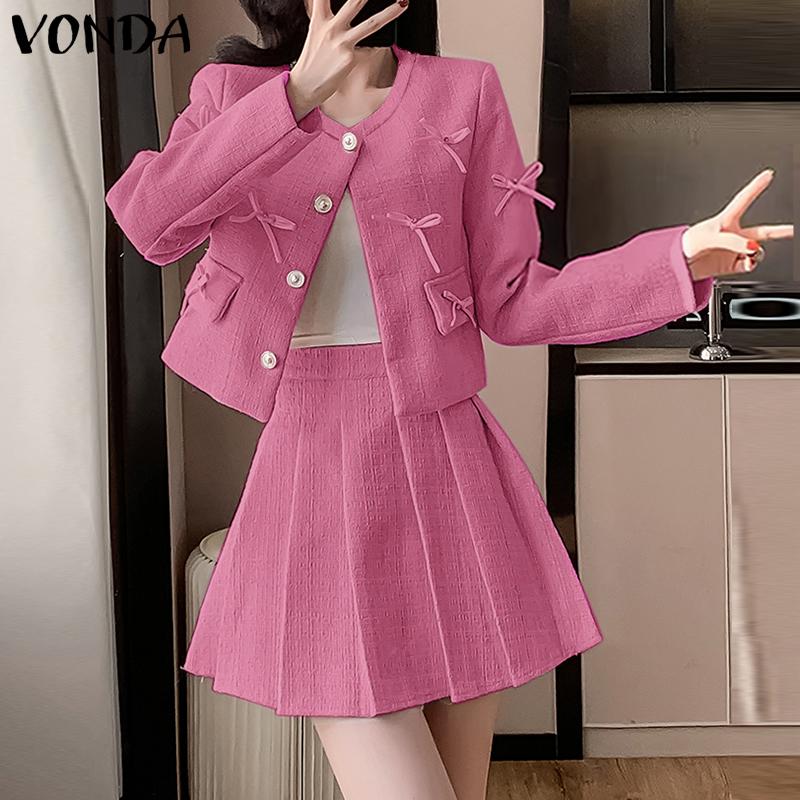 VONDA Women Autumn Round Neck Tied Long Sleeve Solid Color Jackets