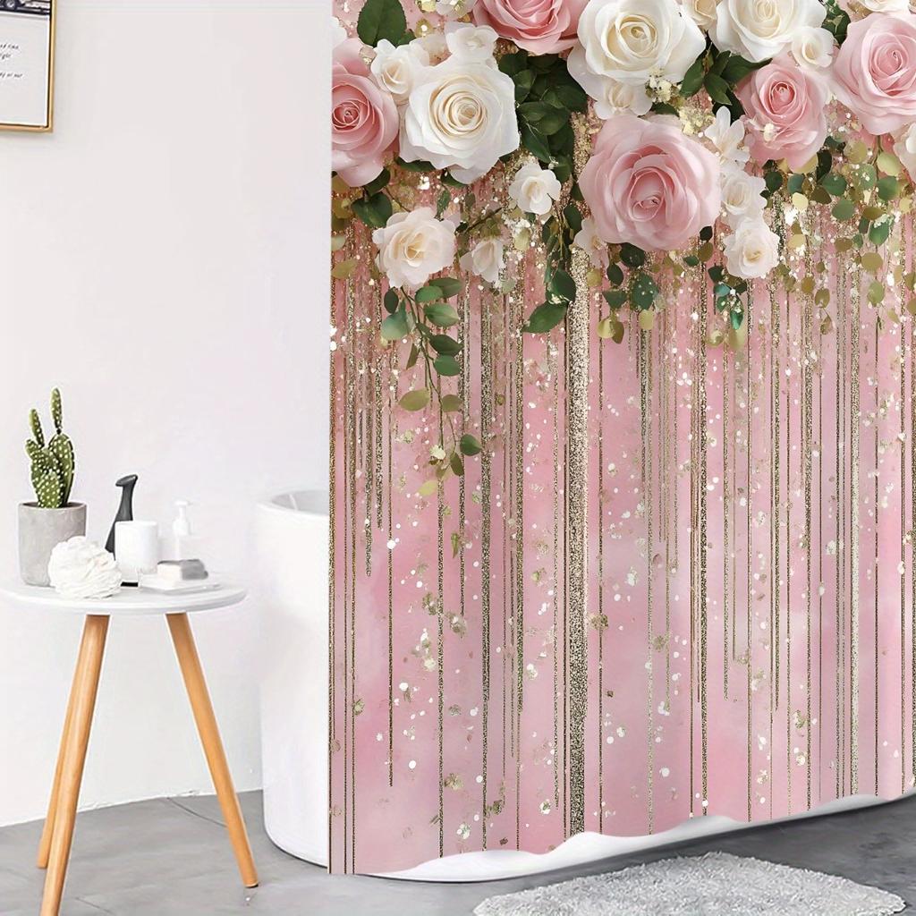 4Pcs Bathroom Shower Curtain Set Pink and White Flower Bathroom Curtain With 12 Hooks Non Slip Rugs Toilet Cover Mat Bathroom Partition