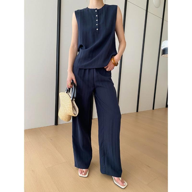 16 New summer thin sleeveless top straight trousers set, solid color temperament lazy two-piece set