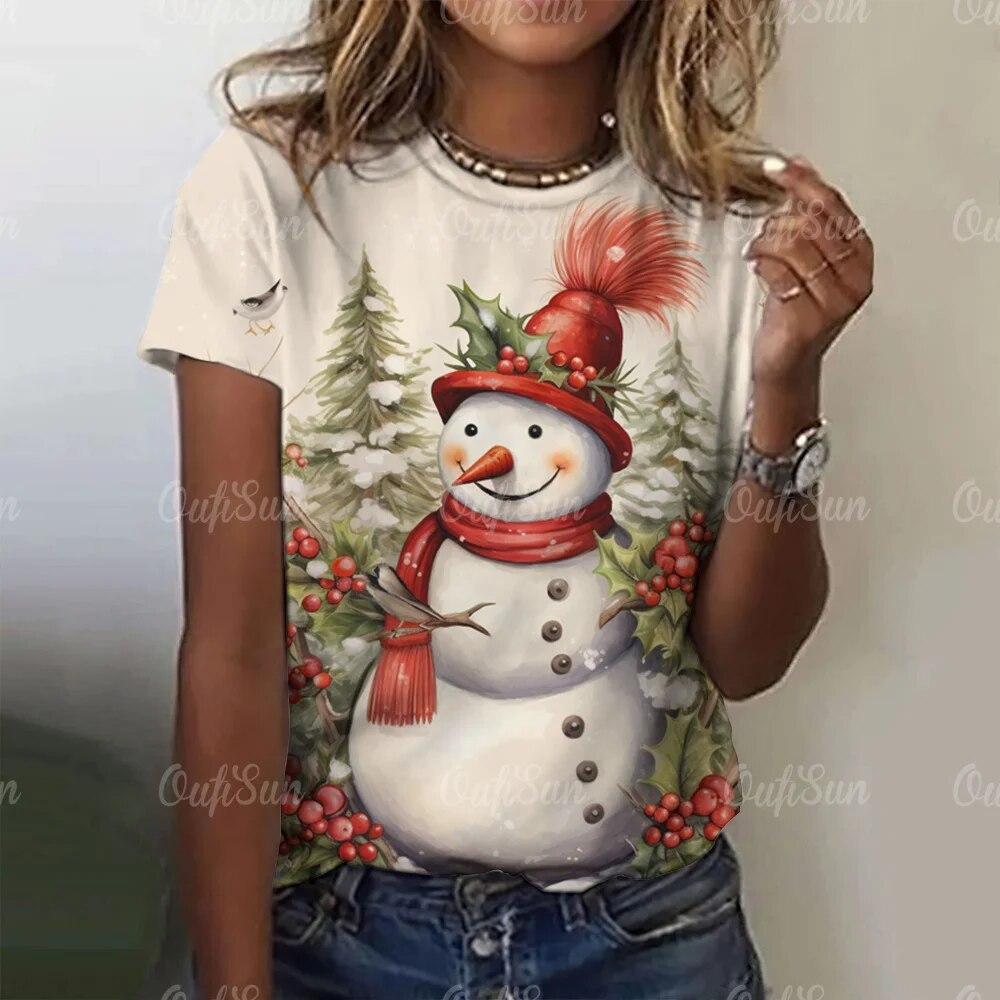 

Рождественская футболка с круглым вырезом и принтом снеговика для женщин Harajuku, модная праздничная одежда, свободный свитшот, топ, женская повседневная уличная одежда 4XL