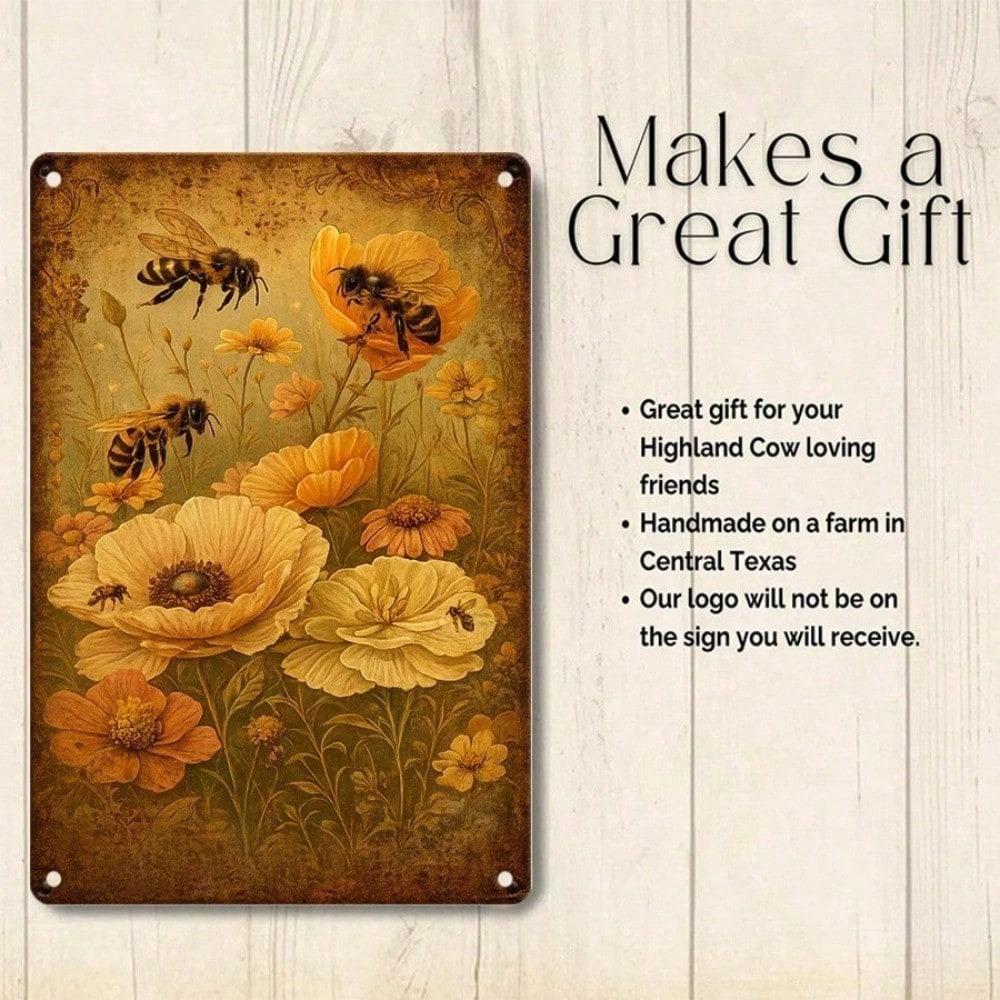 Vintage Metal Tin Sign 12x8 Inch Bees & Poppies Floral Wall Art Retro Farmhouse Iron Plaque Easy to Hang Home Decor
