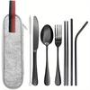 Travel Silverware Set with Case, Travel Flatware Set Includes Chopsticks Reusable, Fork, Knife and Straws, Black Utensils Set,