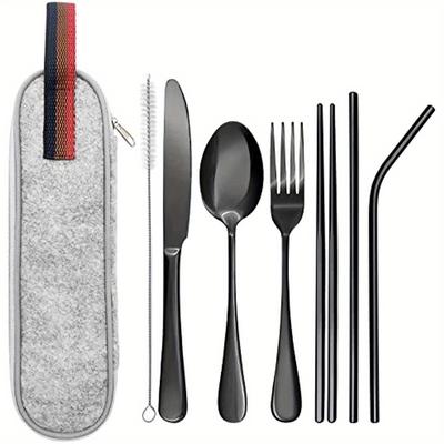 Travel Silverware Set with Case, Travel Flatware Set Includes Chopsticks Reusable, Fork, Knife and Straws, Black Utensils Set,
