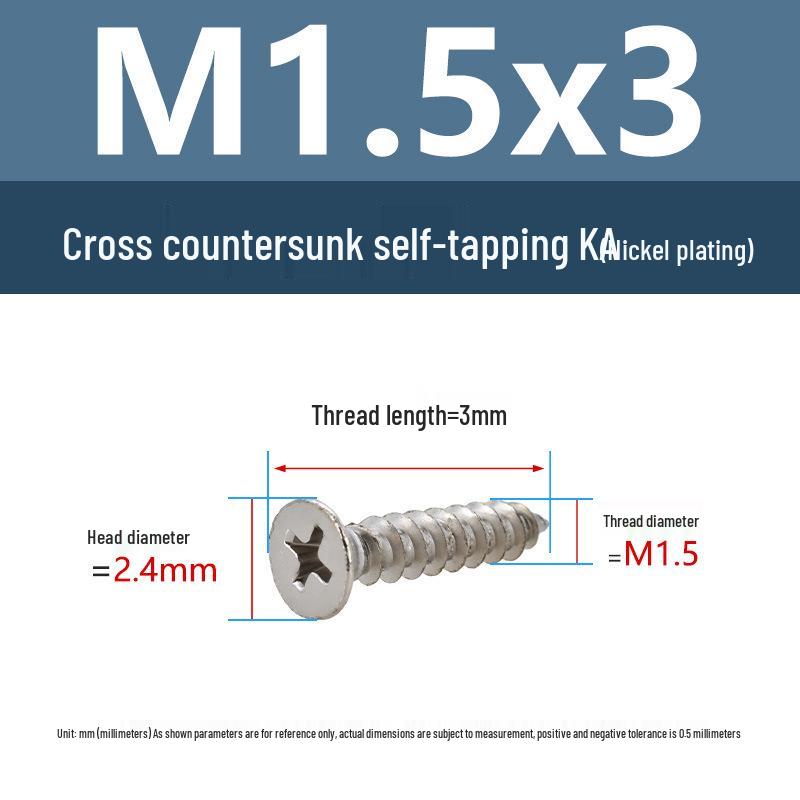 YiguYigu Nickel-Plated Phillips Flat Head Self-Tapping Screws M1-M5, Carbon Steel