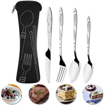 4PCS Cutlery Set Stainless Steel Cutlery for Cutter Fork Spoon Surface Carved Portable Lightweight