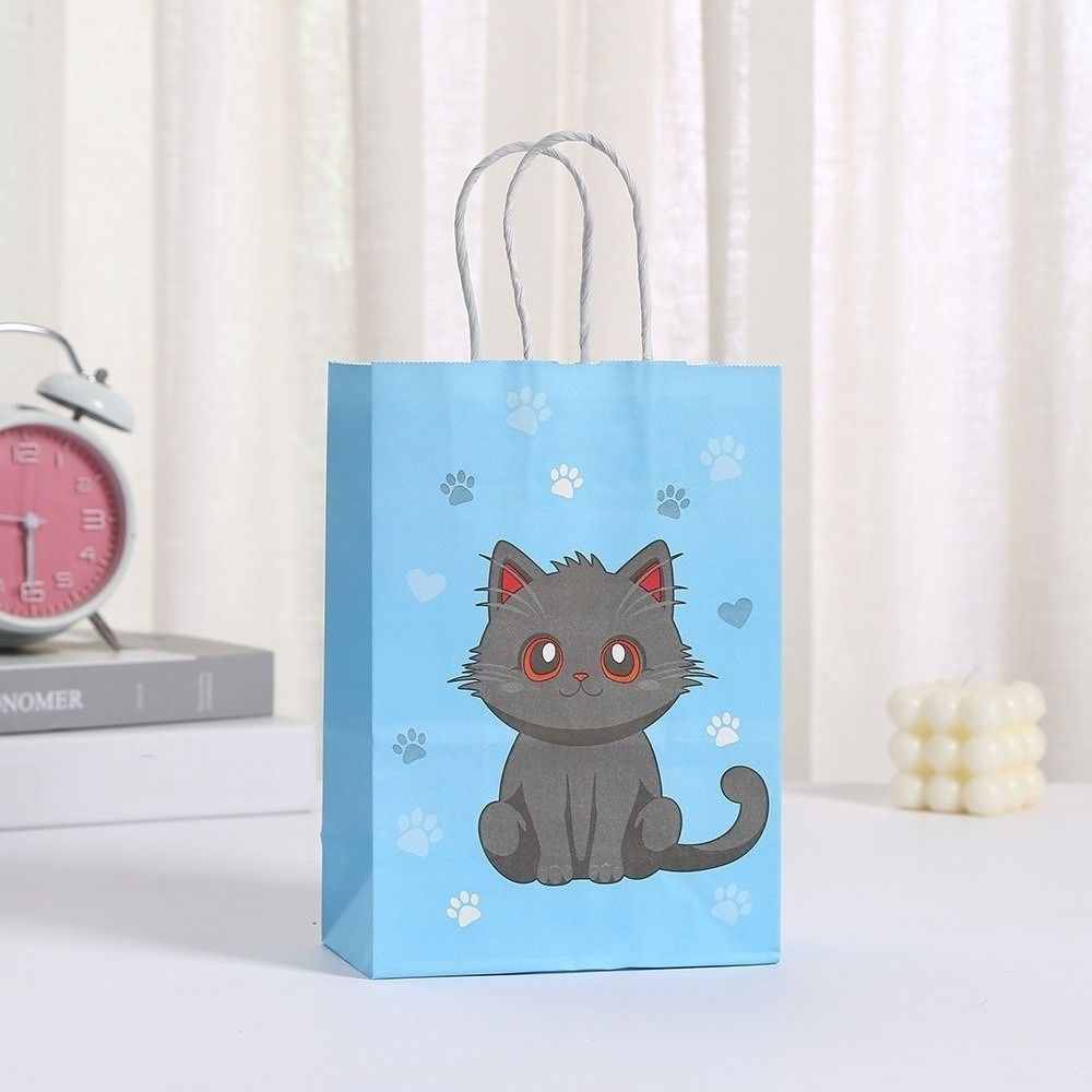 12pcs New Cute Cat Pattern Party Favor Bags 21x15cm Thickened Kitten Goodie Bag with Handle Candy Gifts Bag for Baby Shower
