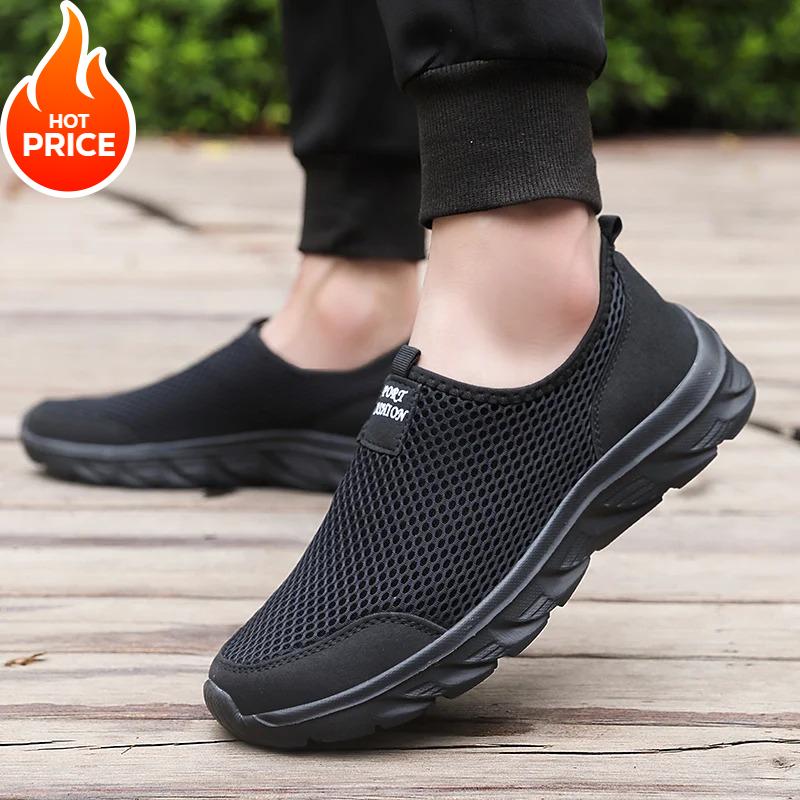 2025Men Shoes Summer Breathable Mesh Soft Lightweight Walking Casual Travel Shoes Male Loafers Slip-On Sneakers Big  Men Shoes
