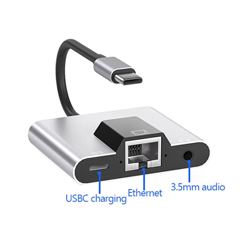 Type-C To Ethernet Lan Network Adapter Hub Usb C To 3.5Mm Audio Pd Fast Charging Docking Station For Laptop Mobile Phone Tablet