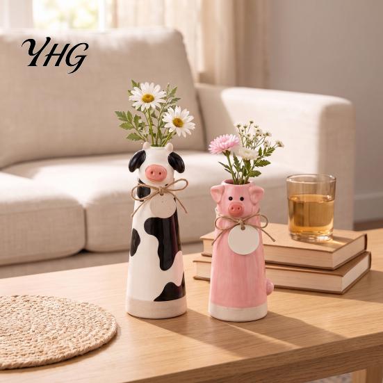 Rustic Home Office Accents Resin Cute Animal Vase, Farmhouse Decorative Flower Holder for Bookshelf Ornaments Decor, Pig/Cow/Sheep/Chicken Arrangement