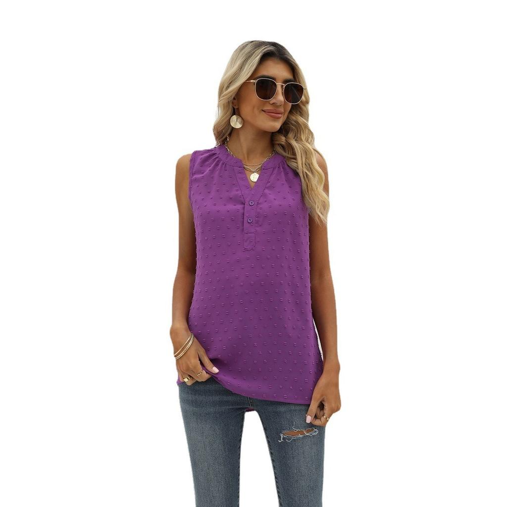 Summer Women's Solid Color Chiffon Loose V-Neck Jacquard Sleeveless Casual Vest Top for Crossborder European American