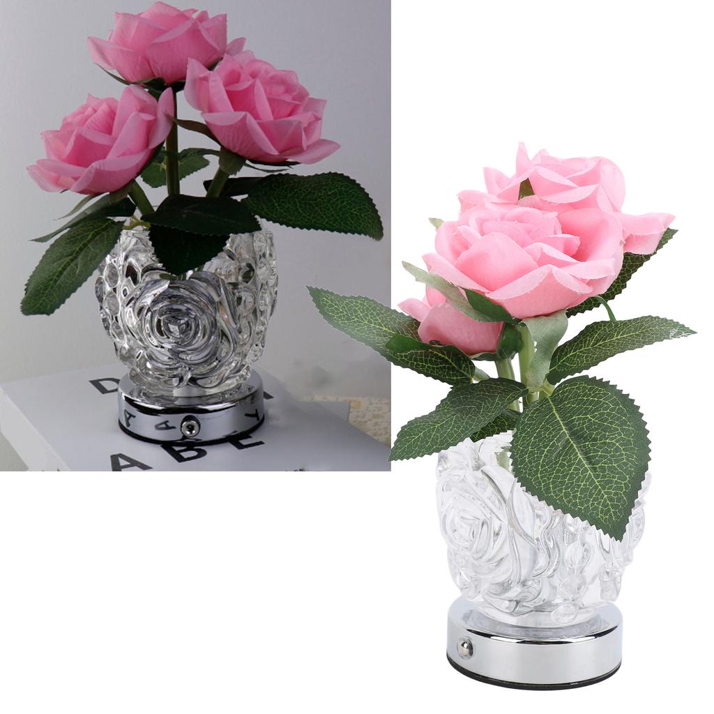 Rose Tischlampe Exquisite elegante kabellose LED-Kunstblumen-Touch-Lampe mit klarer Kristallvase