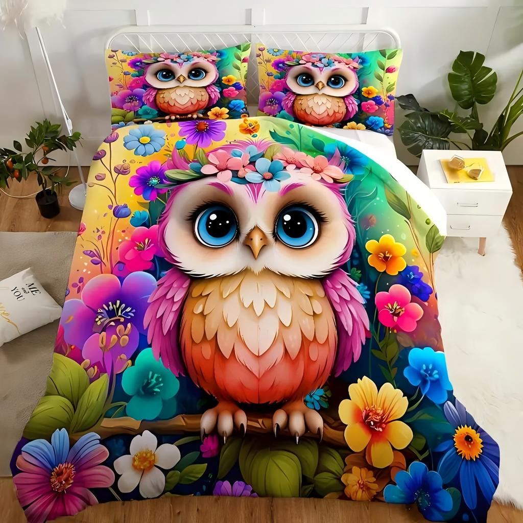 Owl Flower 3D Cartoon Print Bedding Cover Pillowcase Fantastic Colorful Style Comfortable Polyester Duvet Cover With Pillowcase