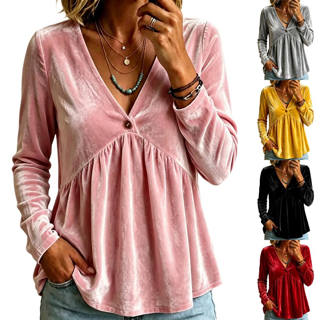 Women's Casual Color V-Neck Long Sleeve Loose Fit Pullover Top for Everyday Wear