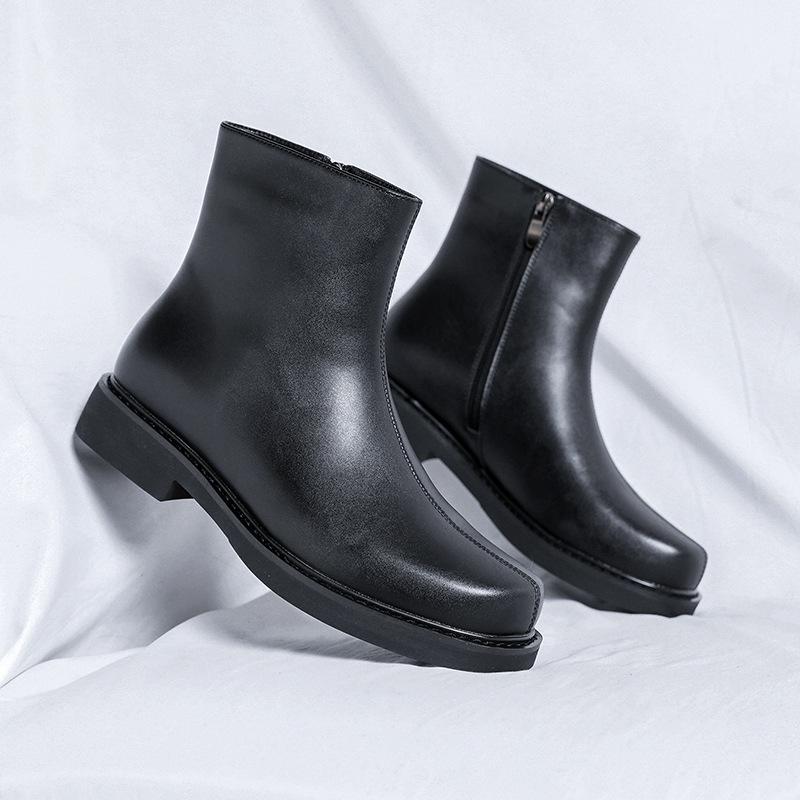 British Style Mens Fashion Chelsea Boots  Designer Square Toe Shoes Cowboy Original Leather Boot Handsome Ankle Botas Mans