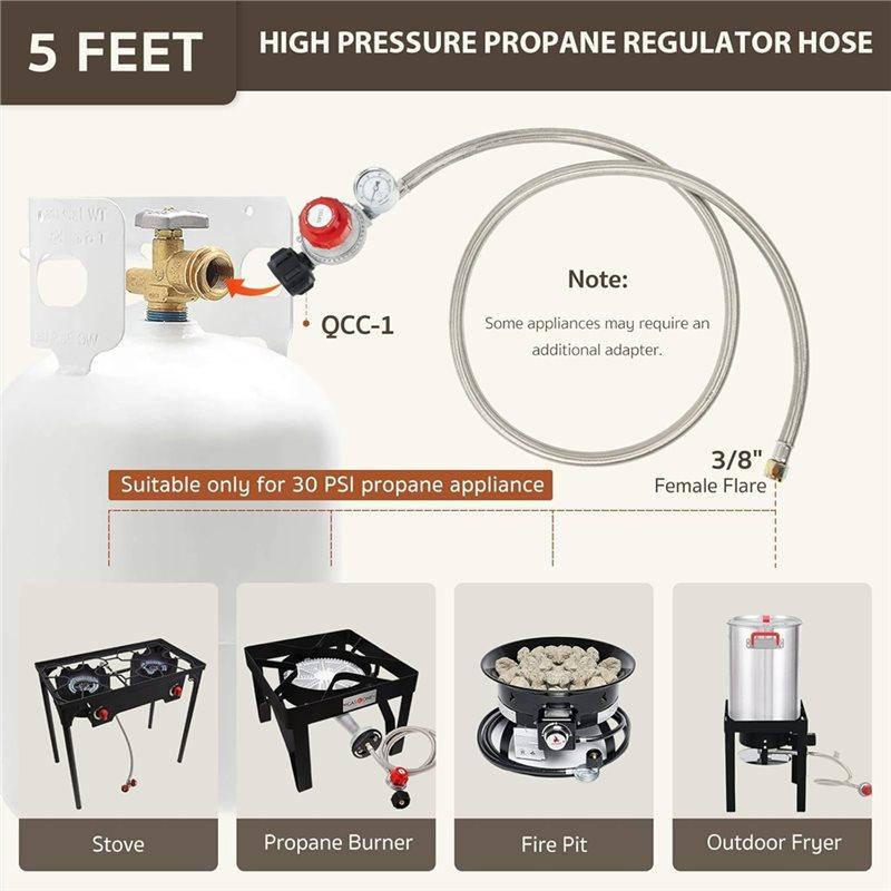 ABBP-Adjustable High Pressure Propane Regulator With Gauge, 5-Foot Stainless Braided Hose For Outdoor Cooking