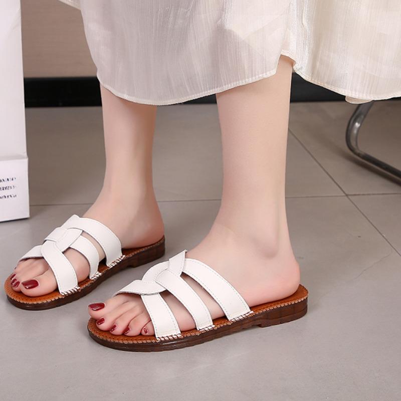 Weiche Sohlen Hausschuhe Sommer Neu Runde Spitze Offene Zehe Kreuz Dünner Riemen Kombination Anti-Rutsch Abriebfest Flache Schuhe