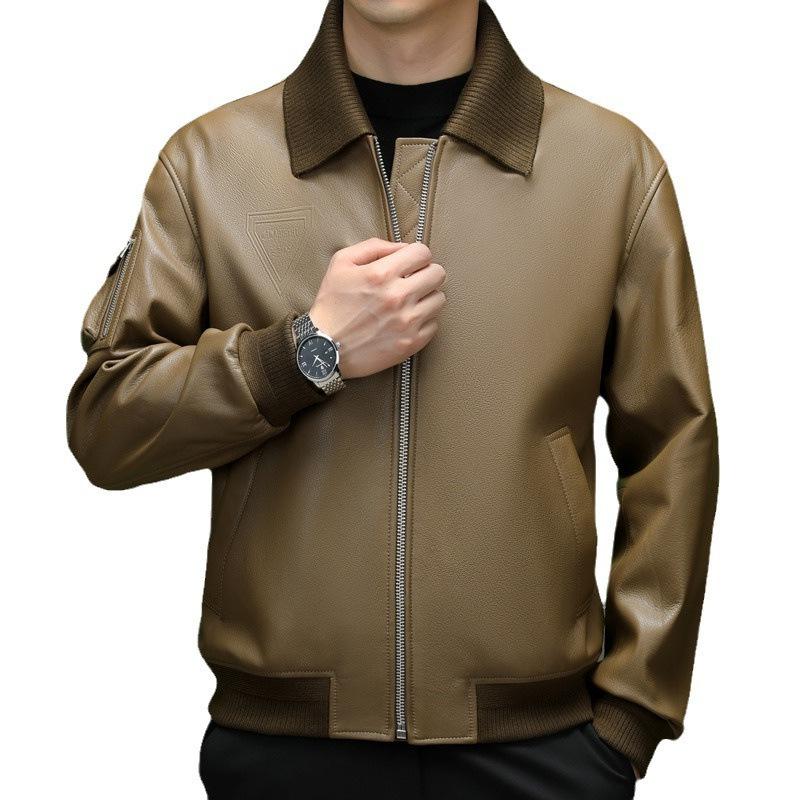 Spring and Autumn new first-layer sheepskin leather leather jacket men's middle-aged collar removable leather jacket casual jacket