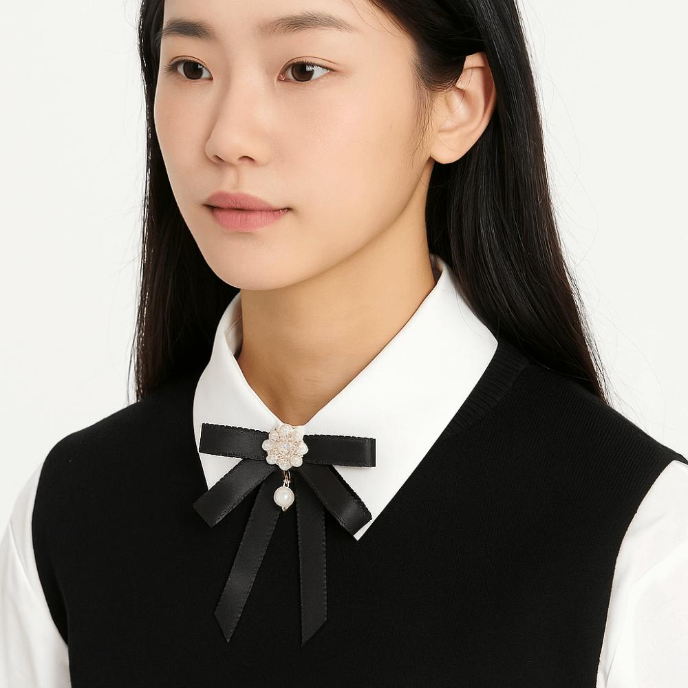 Pearl Black Bow Necktie Solid Color Ribbon Badge Brooch Sweet Funerals Memorial Pin  Shirts