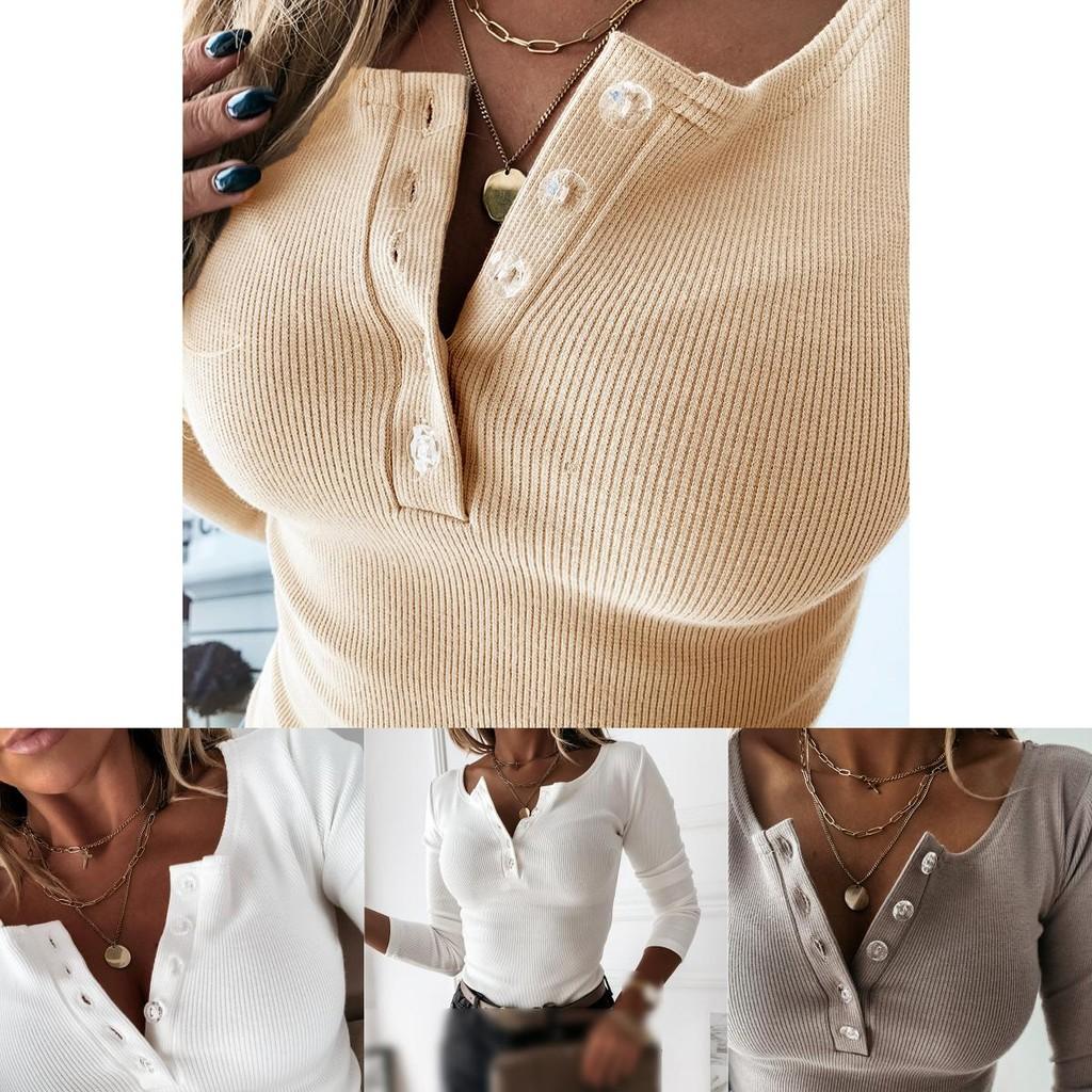 Stylish Women's V Neck Button T Shirt Tee With Long Sleeve And Soft Fabric For Everyday Wear