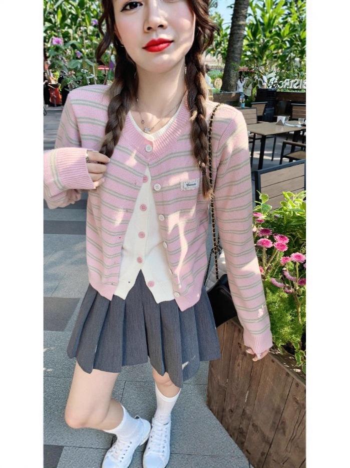 Striped Faux Two-Piece Knit Cardigan, Autumn 2025 - One Size Versatile Korean Style