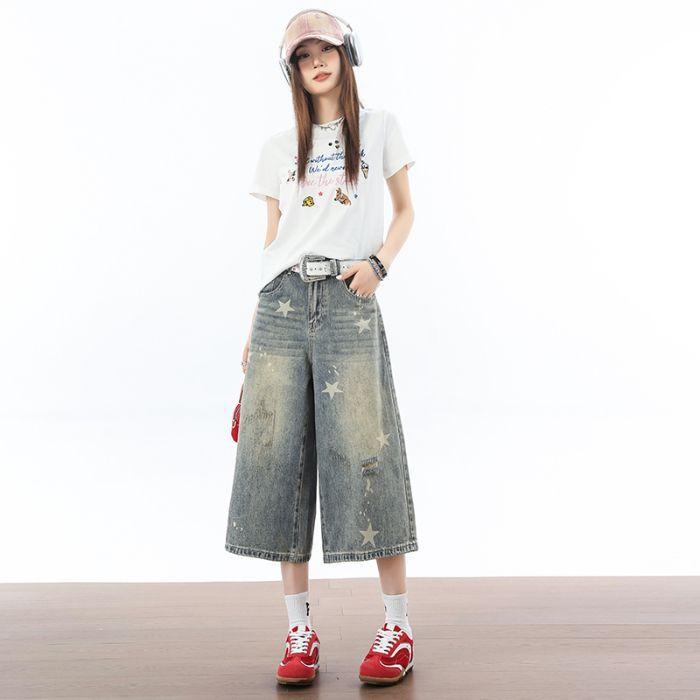 Trendy Summer Blue Star Printed Girly Wide Leg Denim Cropped Capri Pants Versatile Slimming Sweet Casual Trousers