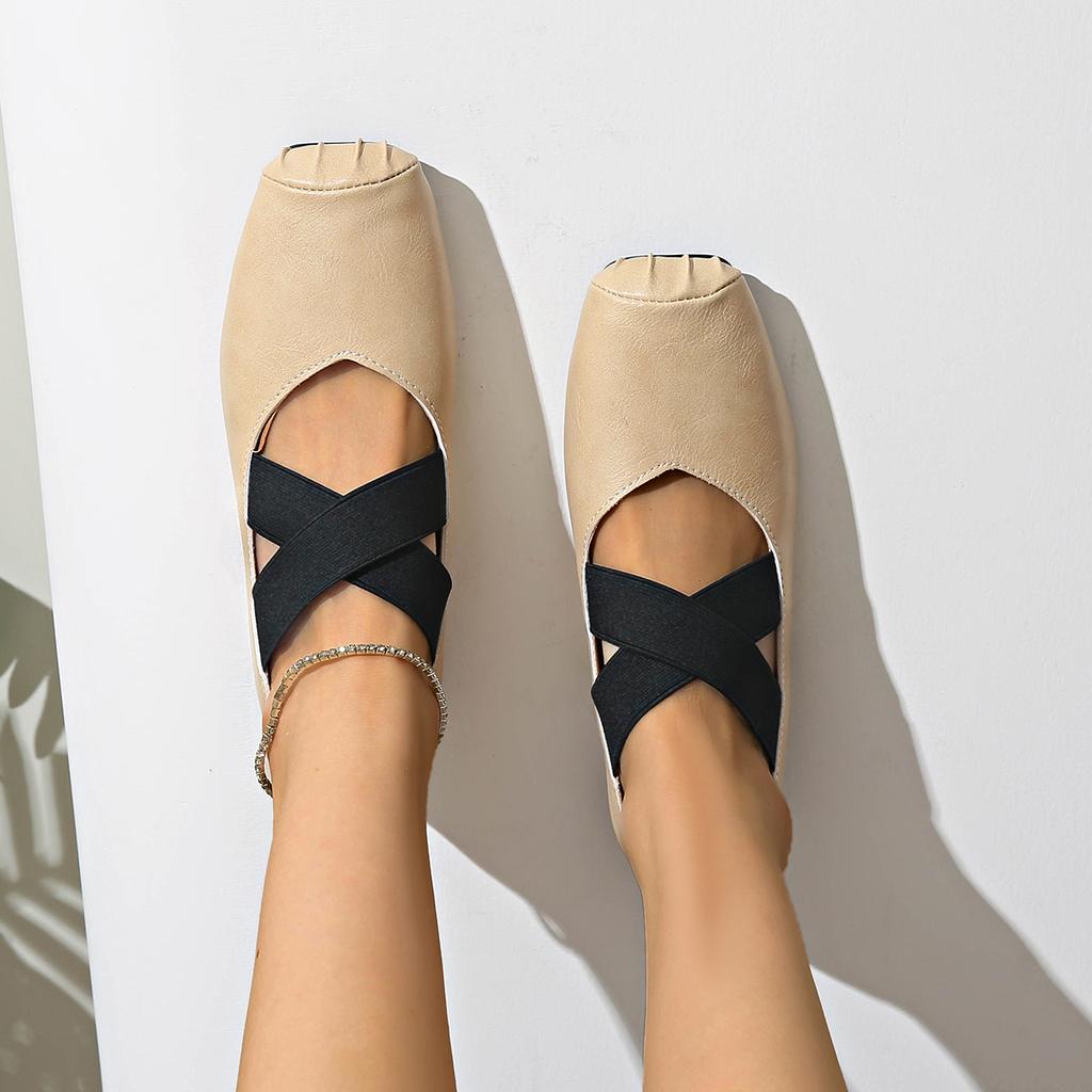 Fashion Spring 2025 New Women's Ballet Shoes Square Toe Thick Middle Heel Cross Elastic Cowhide Color Office Women Shallow Single Shoes