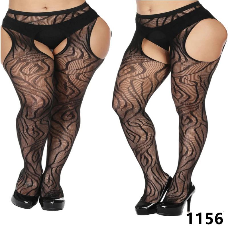 Plus Size High Waist Suspender Garter Belt Fishnet Thigh Stockings Pantyhose Open Crotchless Sexy Body Suit Tights For Woman Xxl