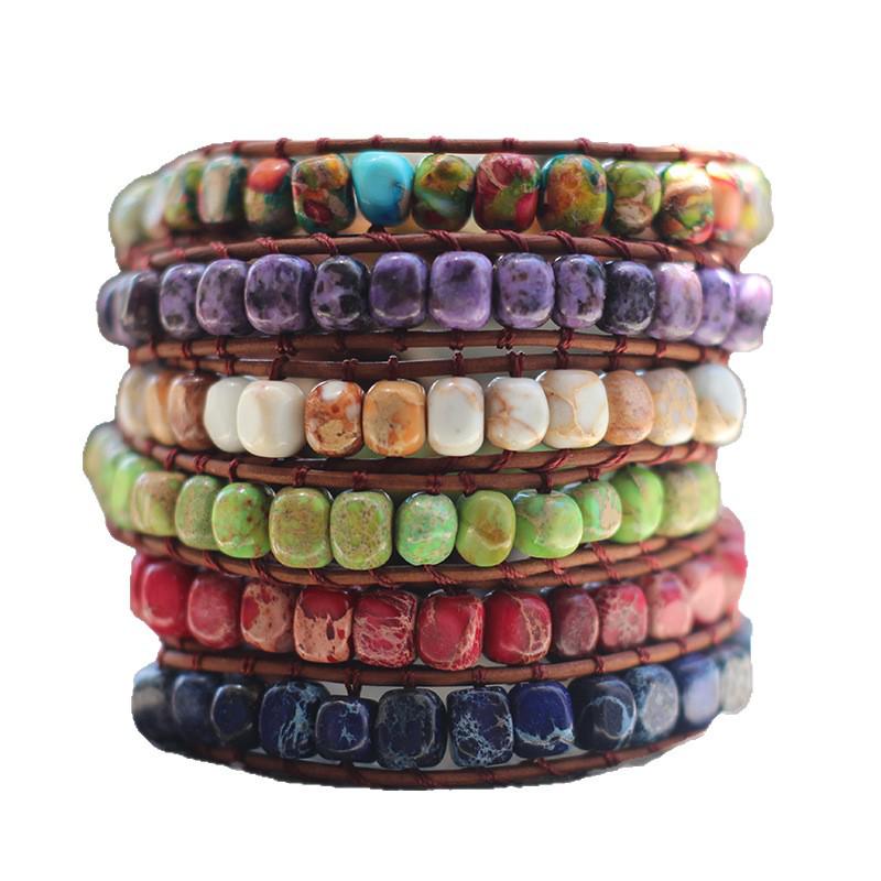 Freeform Shoushan Stone 5x7 Emperor Leather Woven Bohemian Bracelet