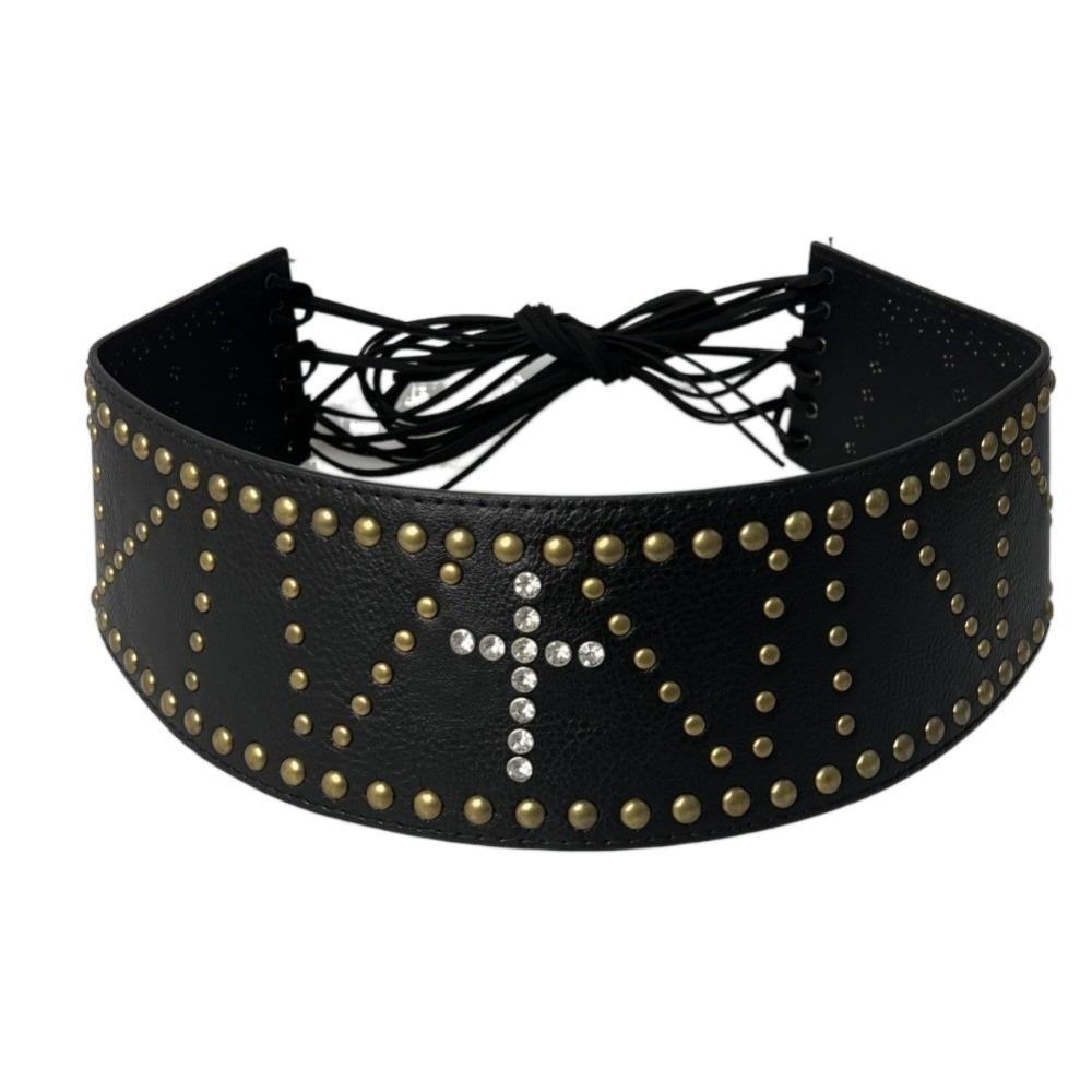 Wide Leather Waist Belt Vintage Women's Dress Belt Retro Cross Rivet Belt  Streetwear