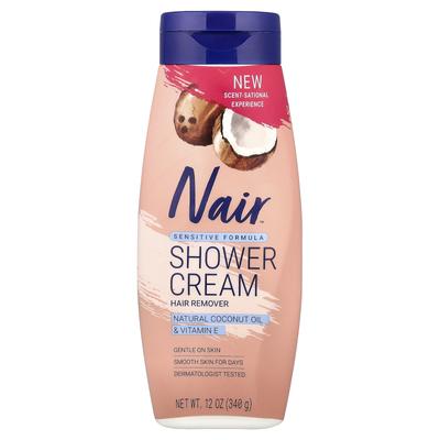 Nair Crema Depilatoria da Doccia, Formula Sensibile, Olio di Cocco Naturale e Vitamina E, 340g (12 once)