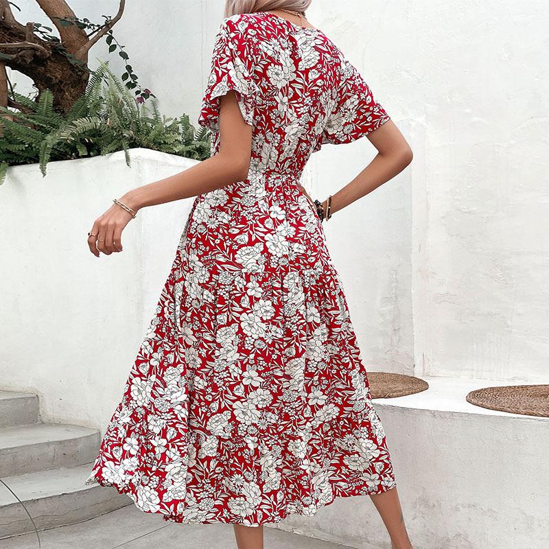 Summer New Holiday Sweet Pastoral V-neck Floral Print Dress