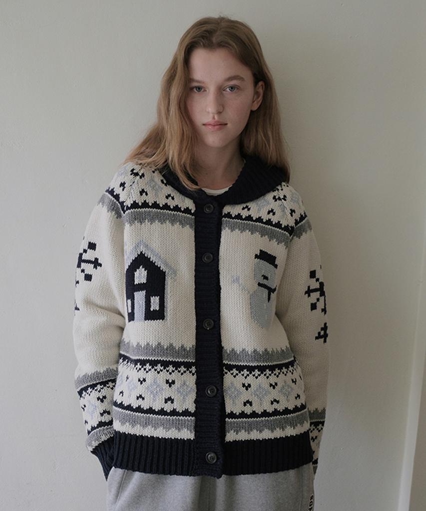Somewherebutter Snowman Nordic Wool Cowichan Cardigan - Ivory