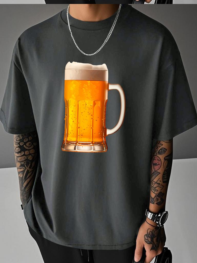 Unisex Summer White Short Sleeve Tee Realistic Foamy Beer Mug Graphic Print Crew Neck Loose Casual Male Daily Streetwear Tops