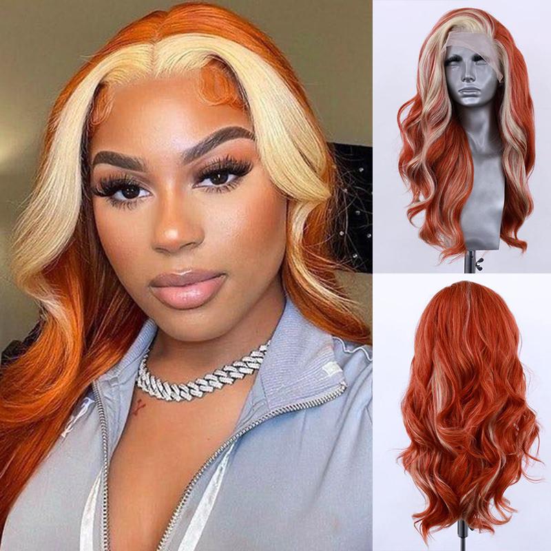 AIMEYA Black Wig with White Highlights Long Body Wave Synthetic Lace Front Wig Natural Hairline Daily Use Halloween Cosplay Wig