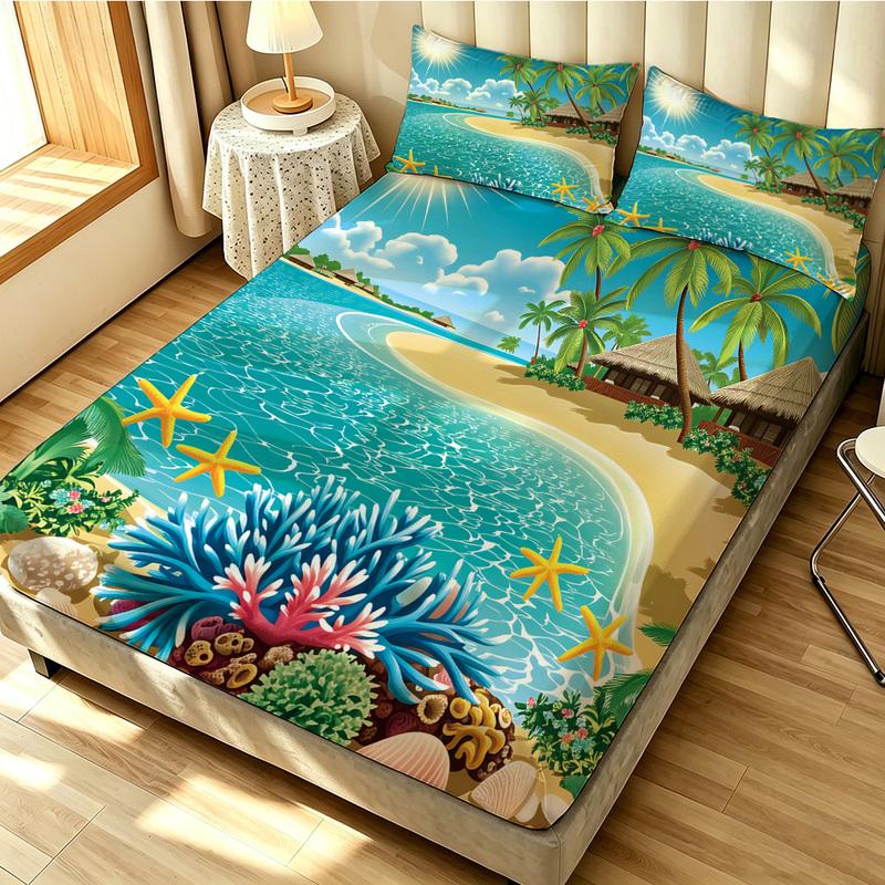 3pcs Beach Vacation Coconut Tree Print Coreless Bed Sheet Set Multiple Sizes Soft Bed Covers, Bedroom Bedding Decorations, Gifts