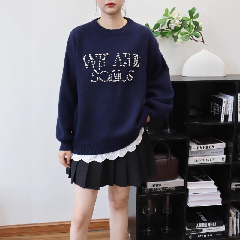 Bead Letter Splicing Fake Two-piece Knitted Sweater Top Autumn and Winter New Loose Casual Sweater Pullover Women