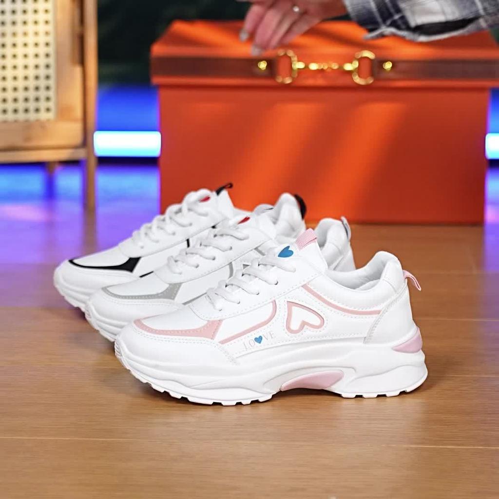 Women's Breathable Mesh & Synthetic Low-Top Sneakers | 2025 White & Black Casual Running Shoes with Red Heart Accent, Round Toe Design, TPU Sole