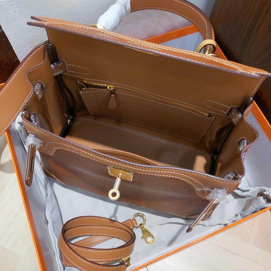 European and American Retro Fubao Leather Keli Bag Wide Shoulder Strap Leather Handbag Women's Fashion Casual Lock Single Shoulder Messenger Bag