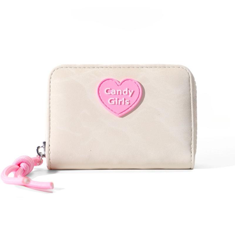 

Women Cute Heart Zipper Wallet PU Leather Short Wallet Multi Card Holder Coin Purse Small Compact Lady Wallet with Wrist Strap бежевий