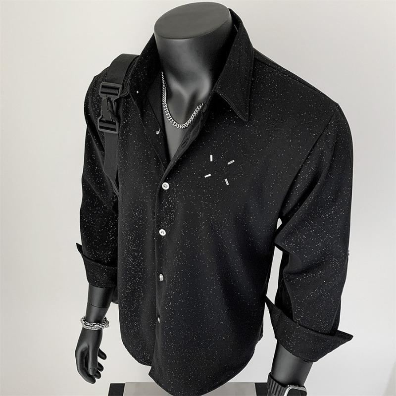 

Men s Black Glitter Fabric Button Down Shirt Casual Oversized Streetwear Top M чёрный