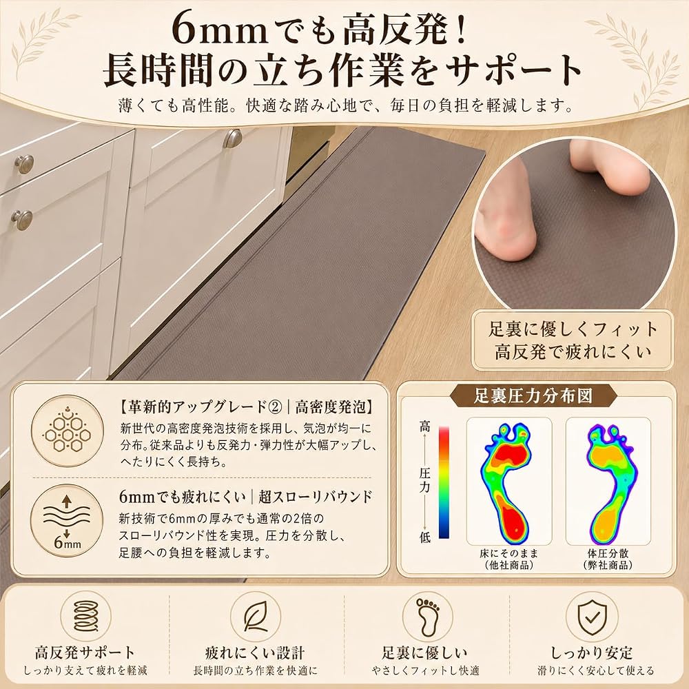 DIHACOZ Kitchen Mat 45x240cm Washable Non-Slip Waterproof PVC Thick 6mm Brown