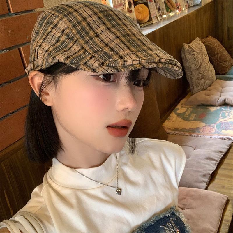 Women Vintage Plaid Beret Hat Soft Cotton Long Brim Sunshade Grid Forward Hat Y2K Japanese Girls Painter Artist Cowboy Caps