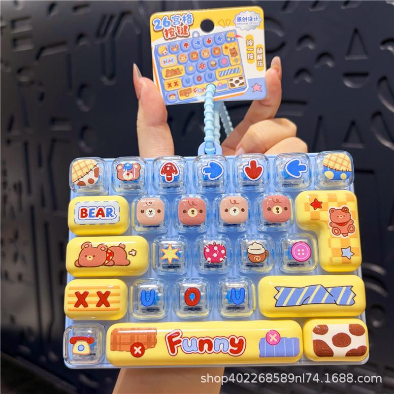 Funny 26 Grid Keyboard Keycap Clicker Keychain Fidget Push Squeeze Stress Anxiety Relief Decompression Sensory Bag Charm Gift