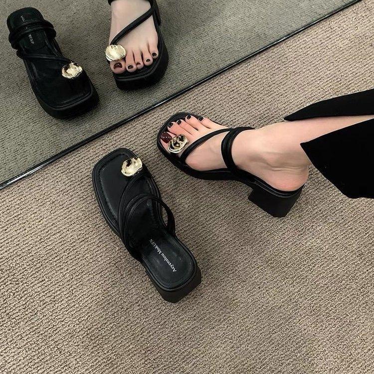 Sexy high-heeled slippers women's summer outer wear 2025 new summer thick-heeled cool slippers women's toe slippers women