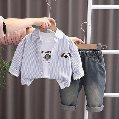 Completo per bambini da 0 a 5 anni, camicia a righe a maniche lunghe con stampa di cartoni animati, top bianco girocollo, jeans casual, set da tre pezzi