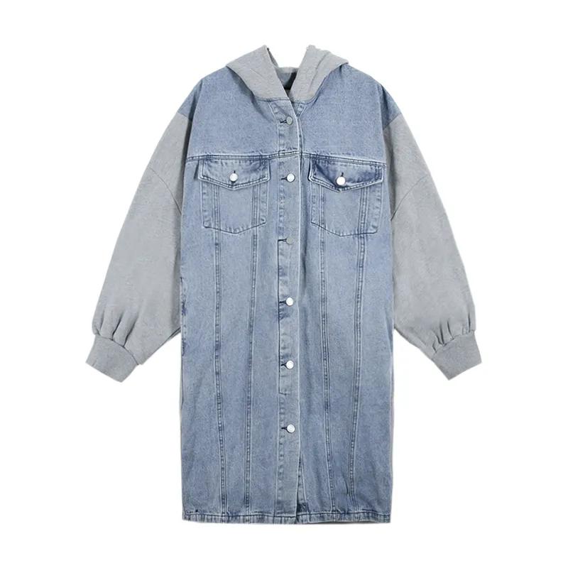 Mid-length Loose Hooded Cardigan Women's Stitching Denim Jacket Women's Solid Color Long-sleeved Warm Jacket with Pockets